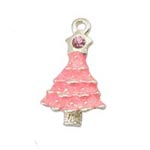 Cast Alloy Christmas Tree Charm-Pendant - Silver & Pink